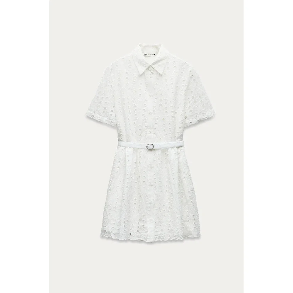 Zara Eyelet Shirt Dress medium White New Belted Scalloped Mini Embroidery - Picture 3 of 16